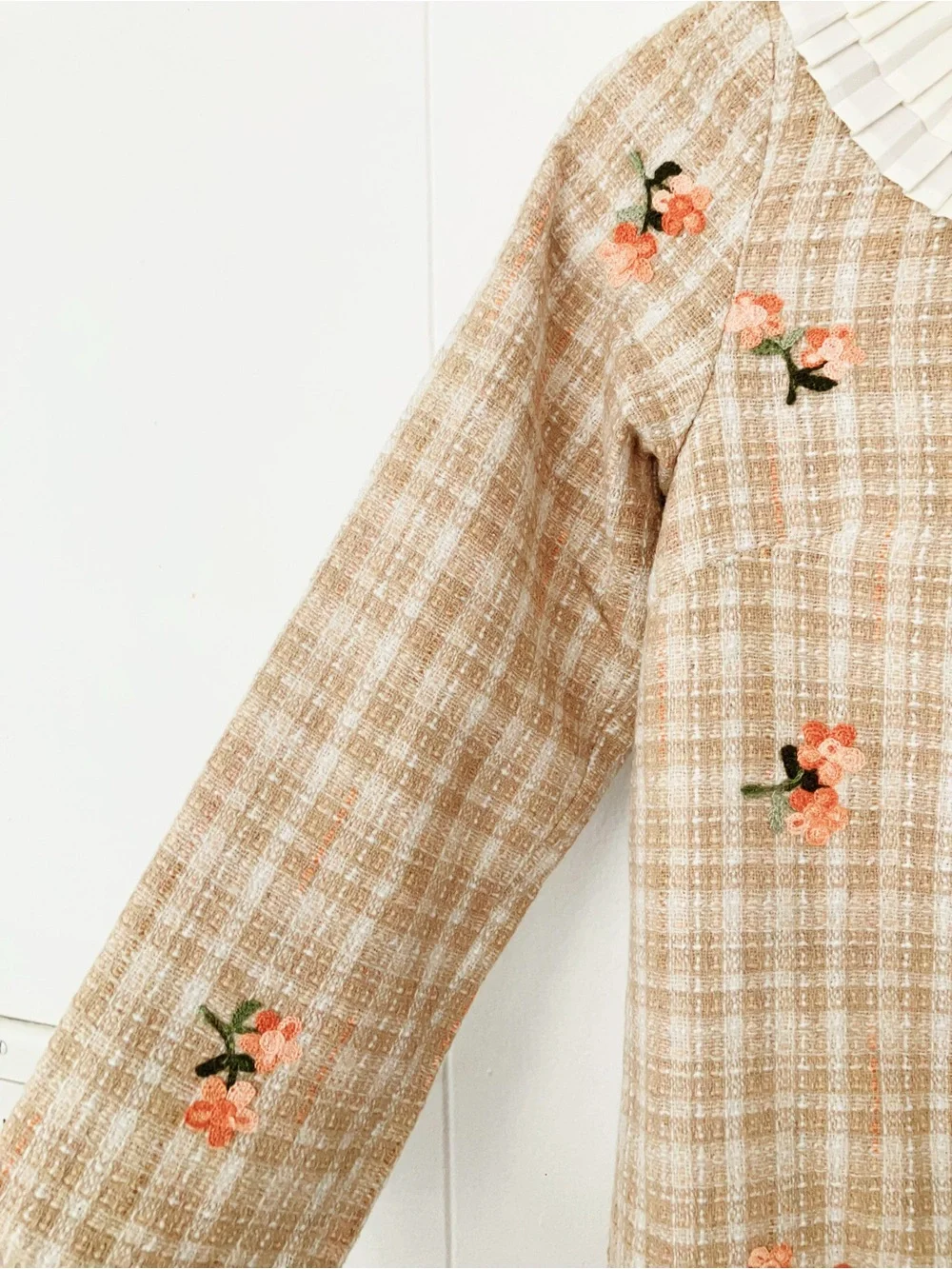 Girls Plaid Coat with Pleated Collar and Floral Embroidery